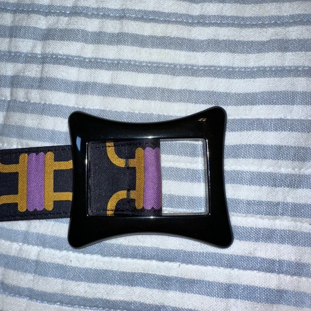 Milly Designer‎ Belt Black Purple Gold Geometric Print Resin Buckle Size Medium